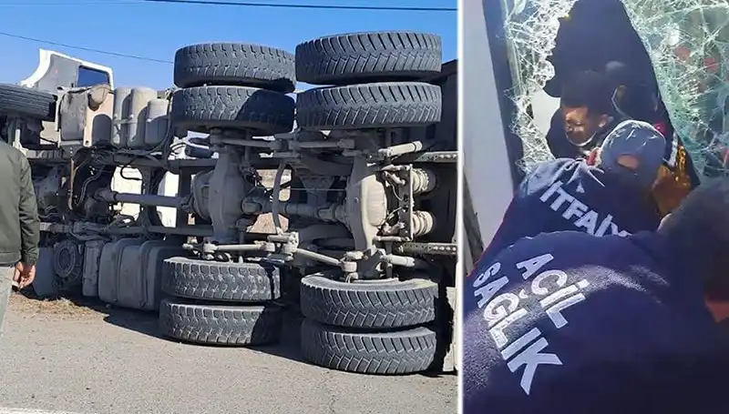 Virajda Kontrolü Kaybeden Kamyon Yan Yattı: Kaza Anı Kamerada